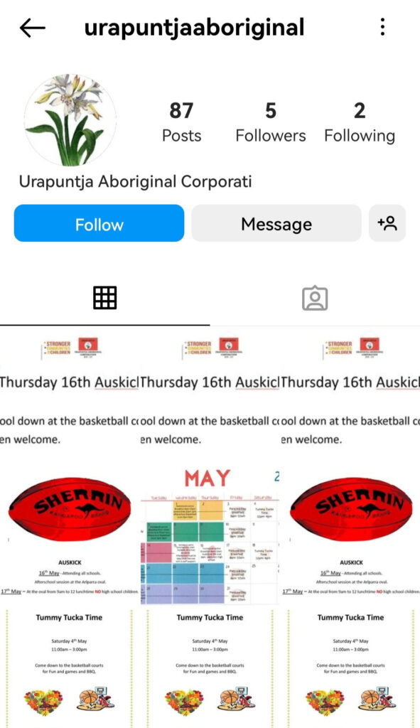 Instagram front page for Urapuntja Aboriginal Corporation